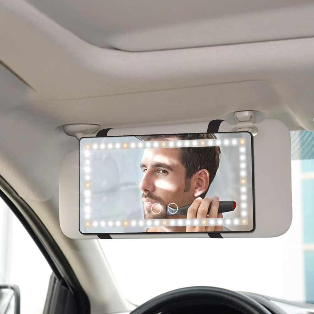 ESPEJO DE MAQUILLAJE RECARGABLE 3 TONOS LED PARA CARRO