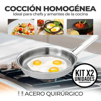🍳✨Set X2 Sartenes De Acero Quirúrgico 18/10 Con Tapa Antiadherente🛡️🔥
