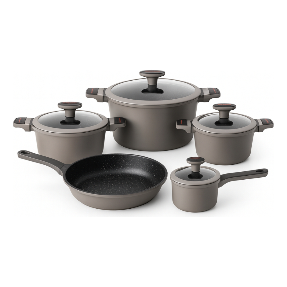 Bateria Cocina Ollas 9 Piezas Marmol Antiadherente Premium Gris