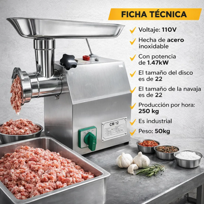 Molino Carne Industrial Picador Electrico 12 Acero 1hp 110v 110v