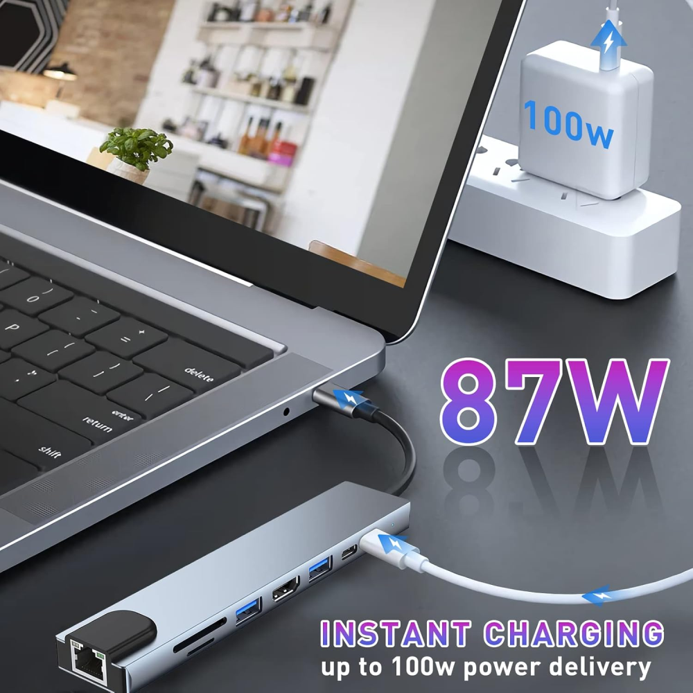 Adaptador Hub 8 En 1 Tipo C Hdmi Puerto Land Usb Mac Y Pc Sd