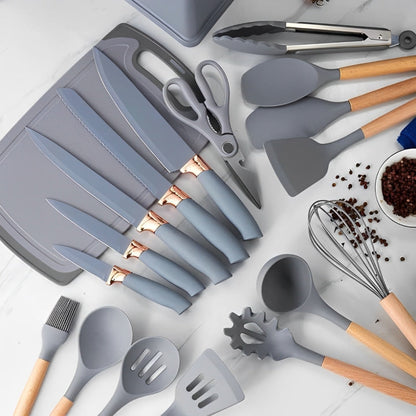 Set De Utensilios De Cocina Silicona Y Cuchillos Tabla 19pcs
