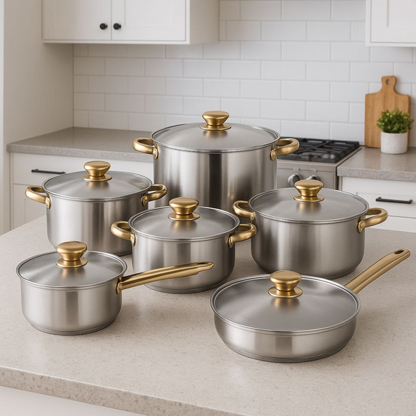 Set Ollas Acero Inox Klausberg 12Pzs Cocina Mangos Dorados